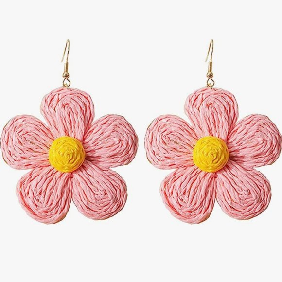 3" Pink & Yellow Raffia Flowers Oversized Statement Earrings Wicker Flower New - Picture 1 of 4